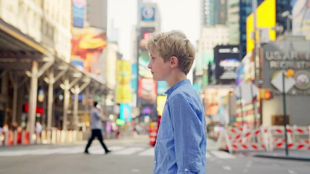 Blond Boy Crossing Road In New York City