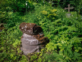 Among the trees, tall grass and metal and stone ancient grave and crosses at the old abandoned cemetery.