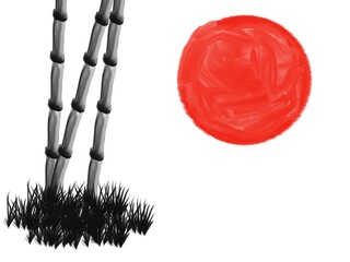 Beautiful Japanese Sumi-e Nature, Sun and Bamboo tree, watercolor Painting, black and red painting
