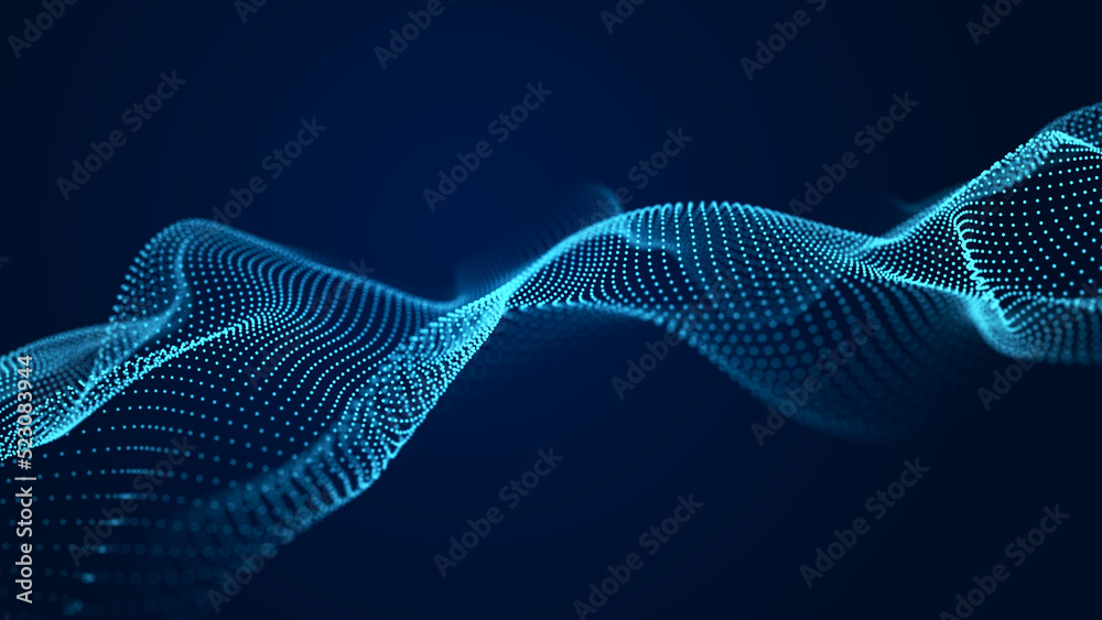Poster abstract sound wave web banner. artificial intelligence expressed by moving particles. 3d rendering.
