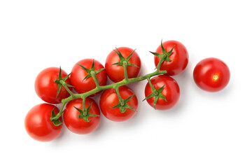 Bunch of fresh, red tomatoes with green stems isolated on white background. Well separated from the background.