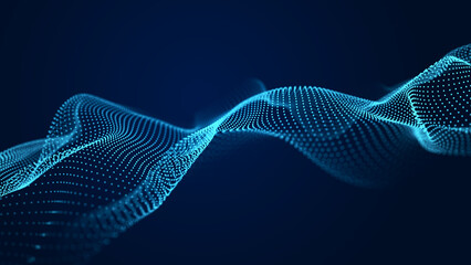 Abstract sound wave web banner. Artificial intelligence expressed by moving particles. 3D rendering.