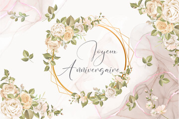 carte ou bandeau pour souhaiter un joyeux anniversaire en gris dans un cercle et des losanges en or avec des roses et des feuilles sur un fond marbré rose, gris et blanc avec feuilles et fleurs
