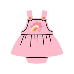 Illustration of a dress, bodysuit for girls. Fashion for newborn babies.
Cute design in pink colors. Hand drawn vector illustration isolated on white background. Childhood, motherhood, baby store.