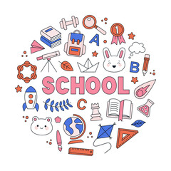 Round composition with symbols of school and education. School lettering in the center!
Equipment for different lessons - arts, music, science, sport etc.
Cute Kawaii style, vector illustration.