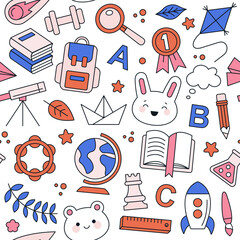 Seamless pattern with symbols of school and education. Equipment for different lessons - art, music, science, sport. Cute Kawaii style. Hand drawn vector illustration. Print, fabric, wrapping paper.