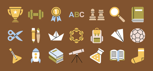 Big set of icons with symbols of school and education. Equipment for different lessons - arts, music, science, sport etc.
Cute design. Hand drawn vector illustrations isolated on brown background.