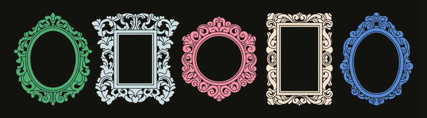 Big set with frames. Various frame shapes and colors. Antique, vintage style. Luxury design for royal or museum interiors.
Hand drawn vector illustration. Print, postcard, invitation, packaging design