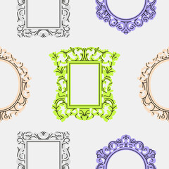 Seamless pattern with an antique vintage wooden frames. Different shapes.
Luxury design, royal or museum interiors concept.
Hand drawn vector illustration. Print, fabric, wrapping paper etc.