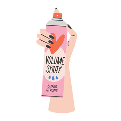Poster with woman's hand holding a styling spray for hair volume.
Hairstyle, self care and beauty salon concept.
Cool colorful design. Hand with manicure. Hand drawn isolated vector illustration.