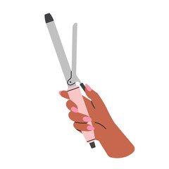 Poster with woman's hand holding a curling iron.
Hairstyle, self care and beauty salon concept.
Cool colorful design. Hand with manicure. Hand drawn isolated vector illustration.