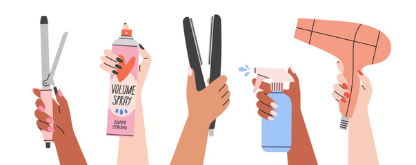 Set with women's hands holding spray for styling, curling iron, hair dryer and hair straightener. Hair styling process. Hairstyle, self care and beauty salon concept. Hand drawn vector illustration.