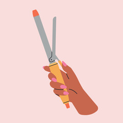 Poster with woman's hand holding a curling iron.
Hairstyle, self care and beauty salon concept.
Cool colorful design. Hand with manicure. Hand drawn isolated vector illustration.