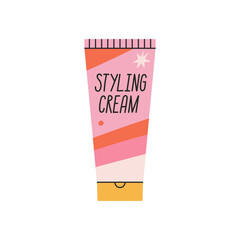 Illustration of a hairstyling product in tube. Styling Cream hand drawn lettering. Hair styling products.
Vector illustration. Beauty and fashion, self care routine, beauty salons, online shopping.