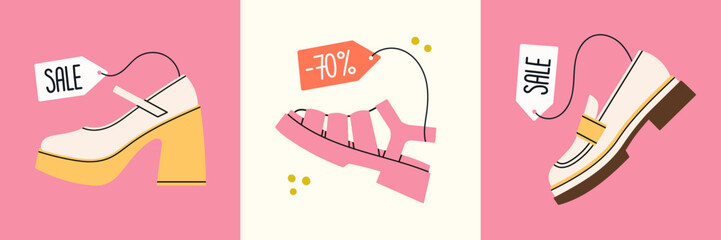 Sale banner set with high heeled shoes, sandals, loafer shoes. Advertising design for social media publication and promotion. Hand drawn vector illustration. Shopping and fashion concept.