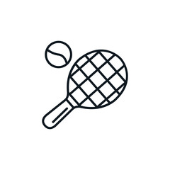Tennis icon. Racket with a ball. Sport equipment. Healthy lifestyle concept. Can be used in social media, packaging, typographic and web design. Vector illustration isolated on white background.