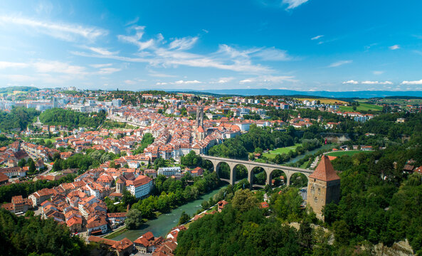 Aerial view of Fribourg City in switzerland on a beautiful sunny day