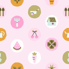 Seamless pattern with attributes of rural lifestyle. Cute Kawaii style, pastel colors. Gardening and nature concept. Hand drawn vector illustration. For print, fabric, wrapping paper design.