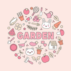 Round composition with Garden lettering and spring time symbols. Cute Kawaii style pink colors. Gardening and recreation concept. Vector illustration. For banner, poster, card design etc.