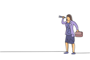 Single one line drawing of young businesswoman analyze business opportunity using monocular. Business vision. Metaphor minimal concept. Modern continuous line draw design graphic vector illustration