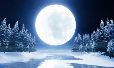 Fototapeta na wymiar Super Full moon blue light. Lake, pine forest, snowy ground, shadow of the moon reflected in the water. Fantasy nature image of the rising night. There is a little fog. 3D rendering