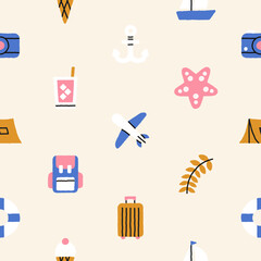 Seamless pattern with symbols of summer holidays. Cute style, pastel colors. Traveling and tourism concept. Ideal for packaging. Hand drawn vector illustration. Print, fabric, wrapping paper design.