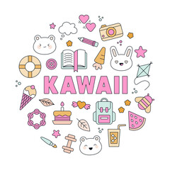 Round composition with text and summer holidays symbols. Cute Kawaii style, nice colors. Tourism and vacation concept. Vector illustration isolated on white background. Greeting, poster, card design.