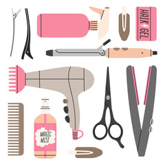 Big set with attributes of hairstyling process - scissors,  hairpins, curling iron, hair dryer etc. Products, equipment for haircuts and hair care in salon or at home. Hand drawn vector illustration.