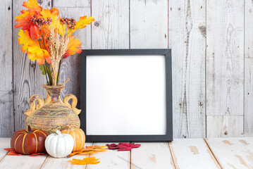 Autumn still life with pumpkins and colorful foliage. Frame against a white wooden wall. Bright...