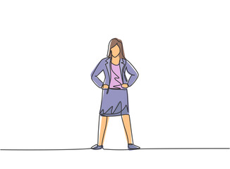 Continuous one line drawing young woman worker standing on the street thinking of her business. Minimalism metaphor business vision concept. Single line draw design vector graphic illustration.