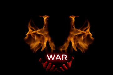 Defocus war concept. Global and European crisis, Ukraine. Army conflict. Russian invasion. Devil with flame. Word design. Black background. Out of focus