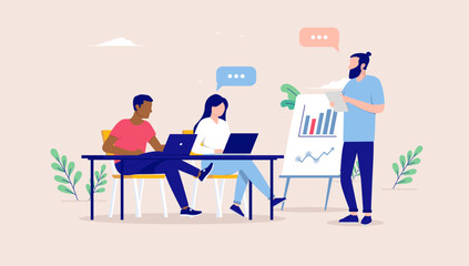 Meeting at work - Team of diverse people in casual clothes having business meeting and discussing. Flat design vector illustration