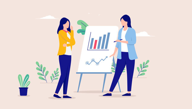 Women working - Two professional female characters discussing business and chart results. Abstract work concept, flat design vector illustration