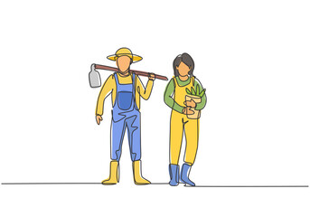 Single continuous line drawing young couple farmer shouldered hoes on his shoulders and carried buckets ready go to farm. Farming minimalism concept. One line draw graphic design vector illustration - obrazy, fototapety, plakaty