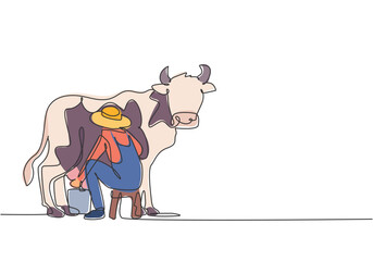 Single continuous line drawing young male farmer milking a cow with traditional way. A successful harvest activity minimalism concept. Dynamic one line draw graphic design vector illustration.