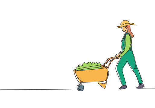 gardener pushing wheelbarrow, green overalls, line art clip art preview