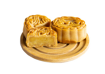 Mooncakes for the mooncake festival, sweet taste, circle or oval shape.  Inside, there are many...