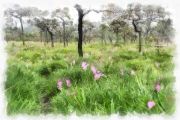 Landscape of wild daffodils and flower fields in the mountain forest watercolor style illustration impressionist painting.