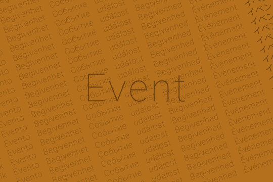 Word Event in languages of world. Logo Event on Zinnwaldite pink color