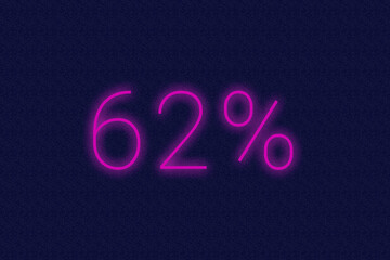 62% percent logo. sixty-two percent neon sign. Number sixty-two on dark purple background. 2d image