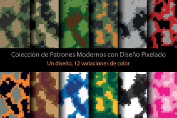 Colección de patrones modernos para estampado con diseño pixel. Un diseño doce variaciones de color. © Gaby.Art