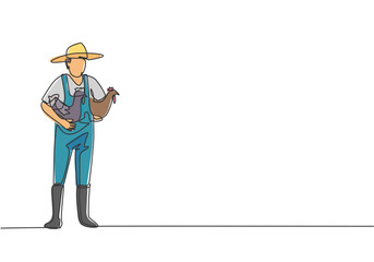 Single one line drawing of young male farmer carried the chicken with both hands to return to the coop. Farming challenge minimal concept. Continuous line draw design graphic vector illustration.