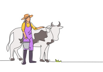 Single one line drawing of young female farmer rubbing the cow while carrying a bucket of water. Farming challenge minimal concept. Modern continuous line draw design graphic vector illustration.