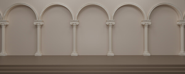 Panorama image of Ancient marble pillars in a row. Classic roman Columns stone, Pillars colonnade, classical interior architecture, and Ancient Greek architecture with pillars. banner. 3d rendering.