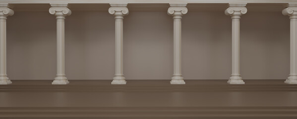 Fototapeta premium Panorama image of Ancient marble pillars in a row. Classic roman Columns stone, Pillars colonnade, classical interior architecture, and Ancient Greek architecture with pillars. banner. 3d rendering.