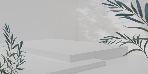 3D render white cube podium with green eucalyptus leaves on white background. The blank display or clean room for showing products. Minimalist mockup for the podium. 3D rendering illustration.