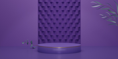 Shiny purple round pedestal with green eucalyptus leaves on background. The blank display or clean room for showing products. Minimalist mockup for podium display or showcase. 3D render illustration.