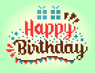 8-bit pixel of happy birthday greeting card. Illustration of pixel art vectors.
