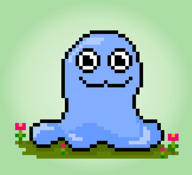 8-bit Pixel Funny Mucus Monster, Illustration of Pixel Art Vector. Set Doodle cute creatures.