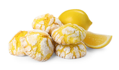 Tasty homemade lemon cookies and fresh fruits on white background
